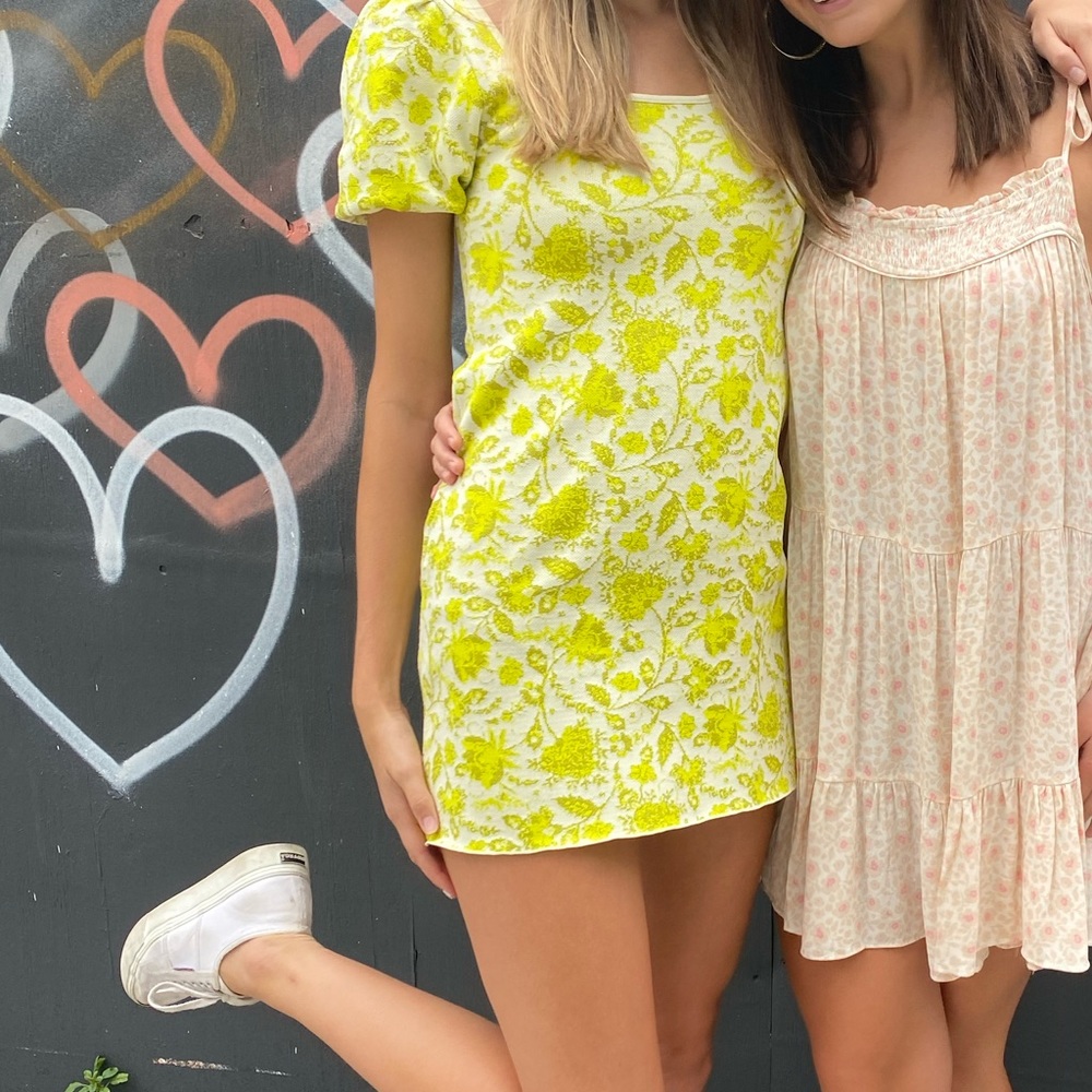 ZARA Lime Green Mini Floral Puff Sleeve Knit Dress